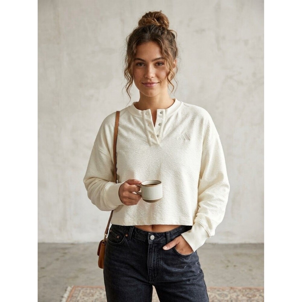 adidas Womens ALL SZN Textured Henley Sweatshirt Snap Pullover Cream White M